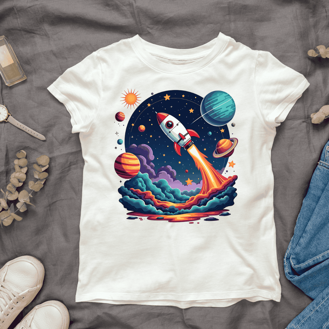 Colorful Space Scene with Planets T-shirt Design cover image.