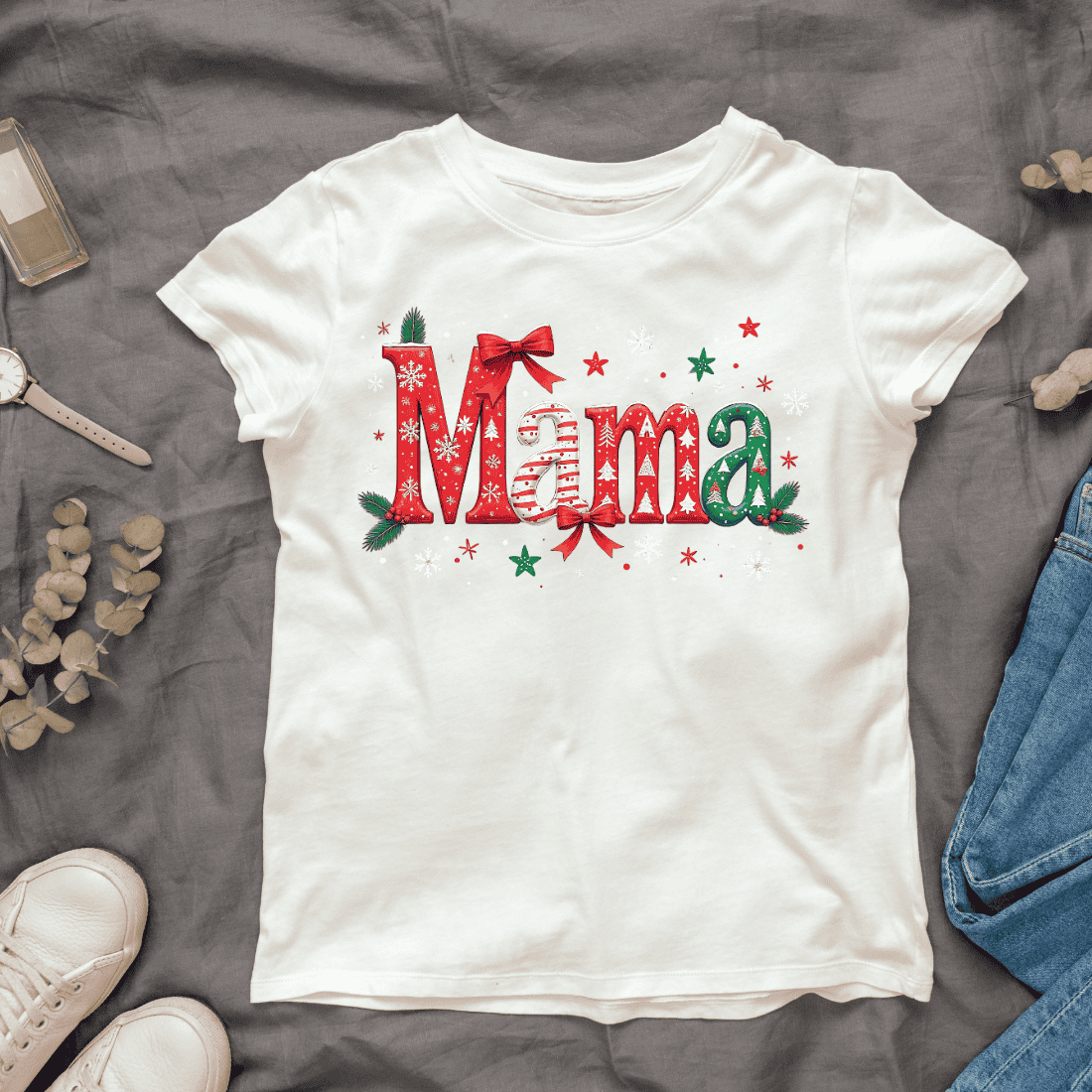 Festive Mama Typography T-shirt Design cover image.