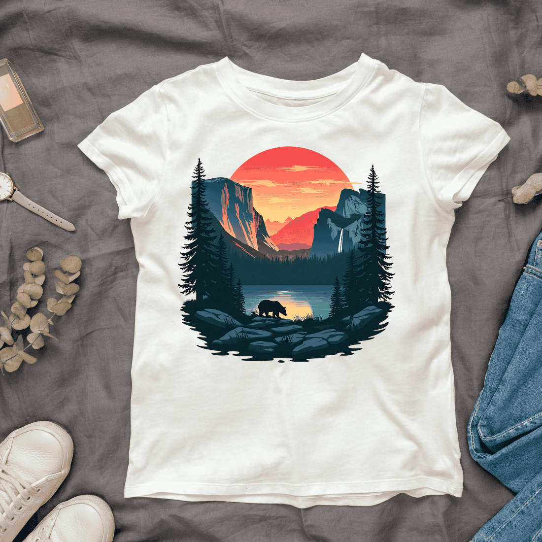 Bear and Mountains at Sunset T-shirt Design cover image.