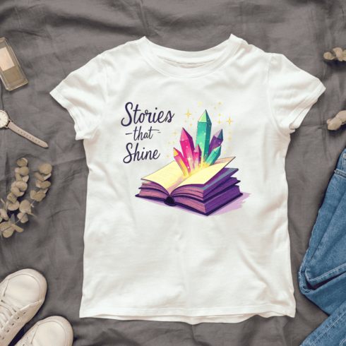 Book with Shining Crystals T-shirt Design cover image.