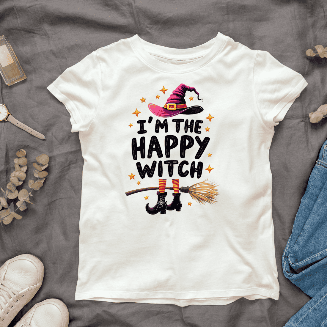 Happy Witch Graphic T-shirt Design cover image.