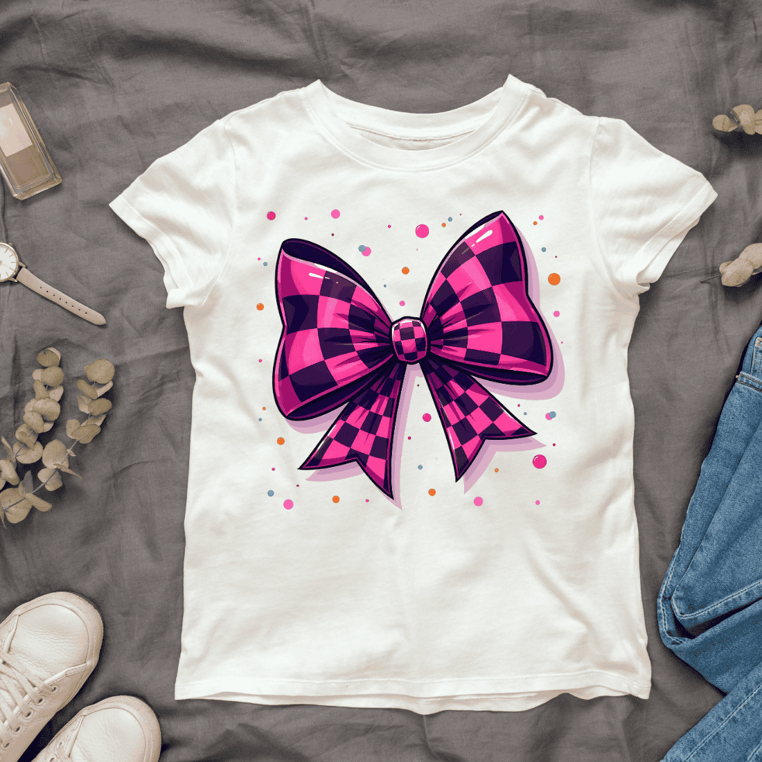 Pink and Black Checkered Bow T-shirt Design cover image.