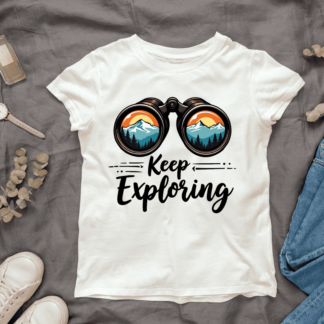 Keep Exploring Binoculars T-shirt Design cover image.