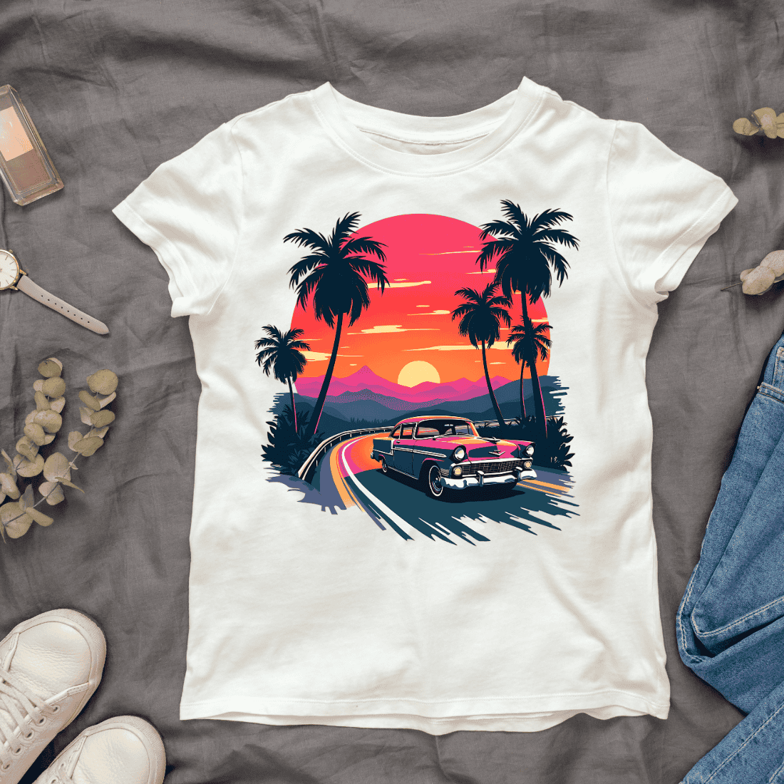 Retro Car and Sunset Palm Trees T-shirt Design cover image.