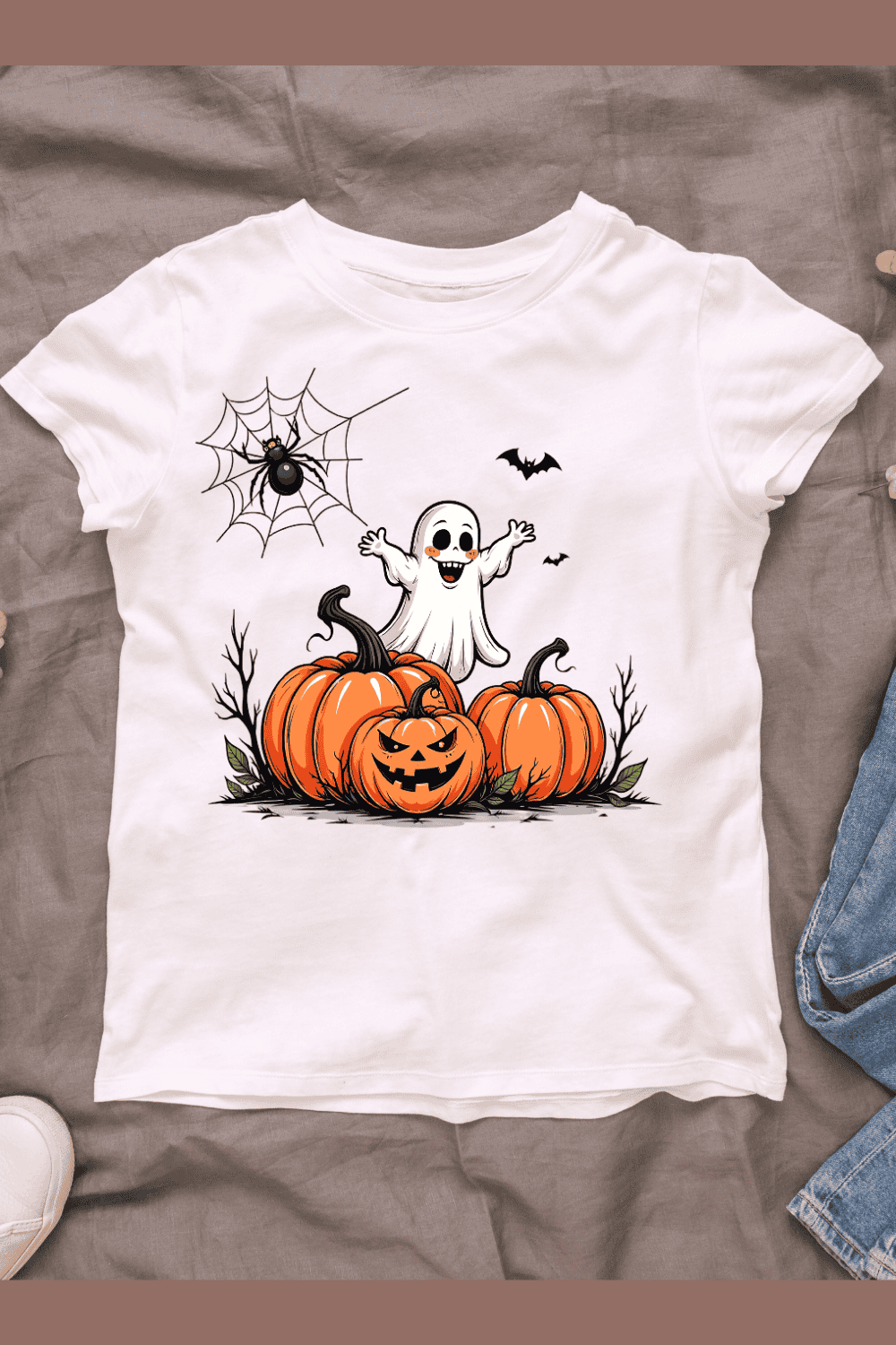 Cute Ghost and Pumpkins T-shirt Design pinterest preview image.