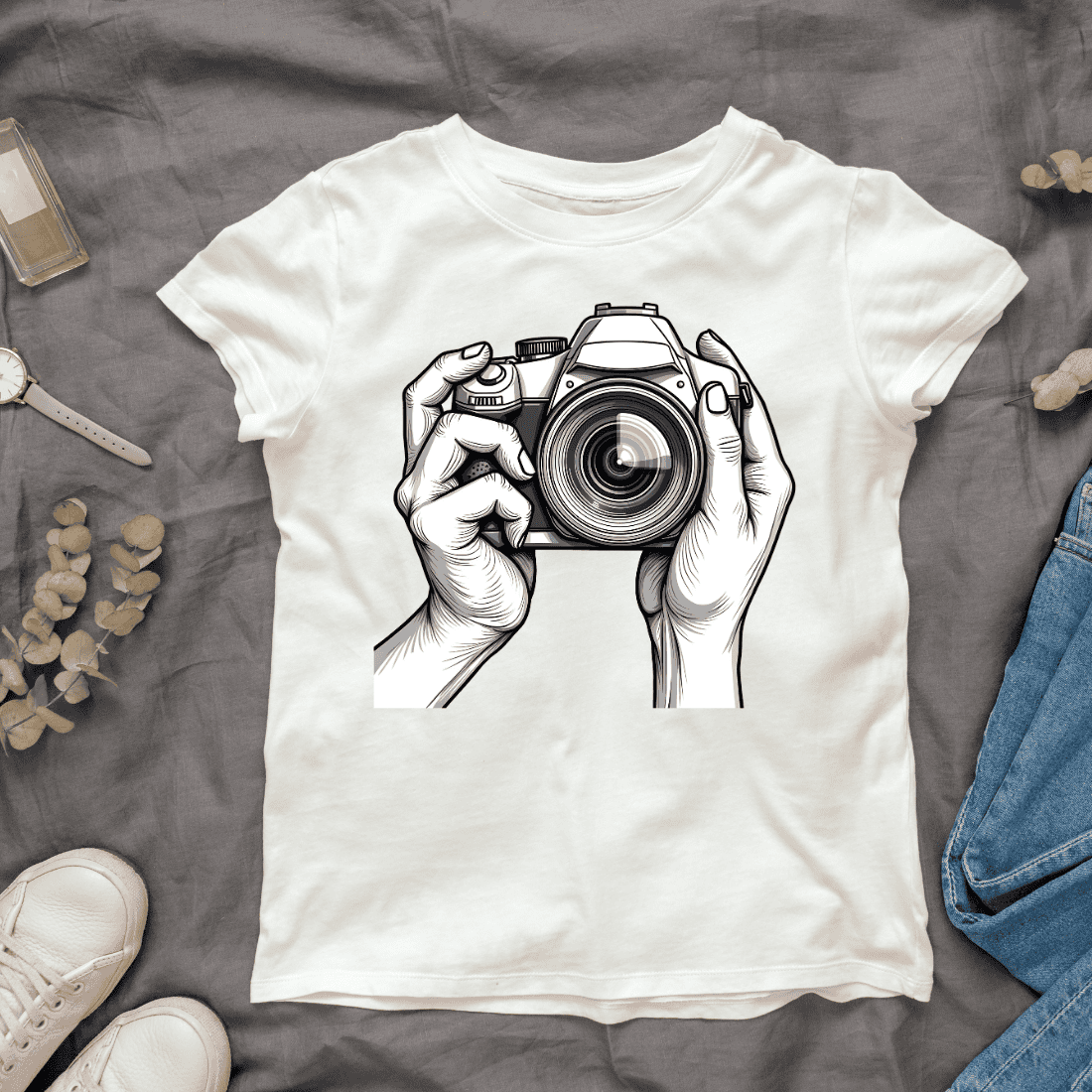 Hands Holding Camera Graphic T-shirt Design cover image.