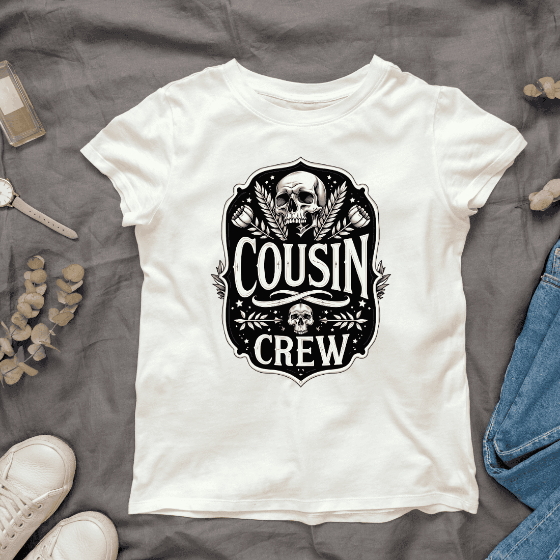 Skull with Cousin Crew Text T-shirt Design cover image.