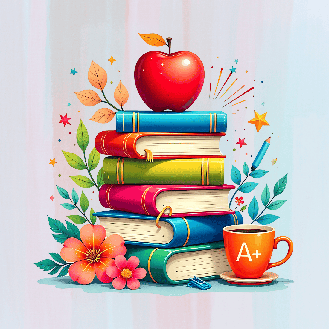 Educational with Books and Flowers T-shirt Design preview image.