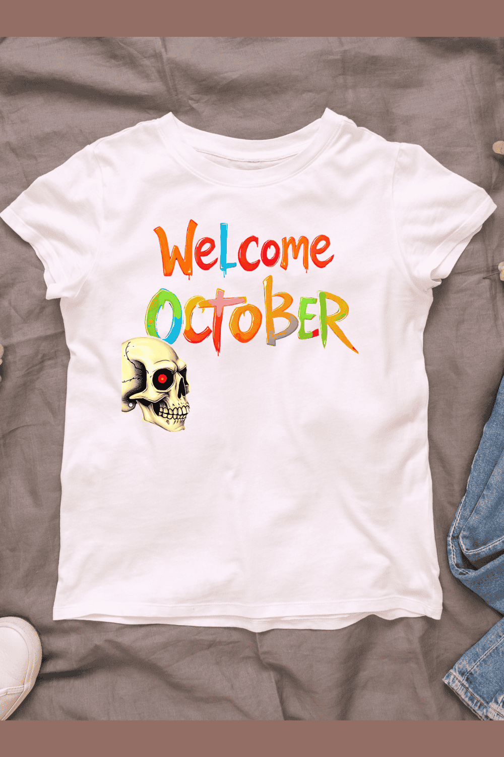 Welcome October Skull T-shirt Design pinterest preview image.