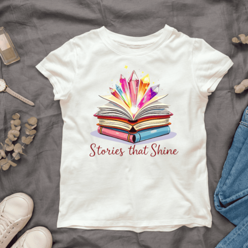 Open Book with Colorful Crystals T-shirt Design cover image.