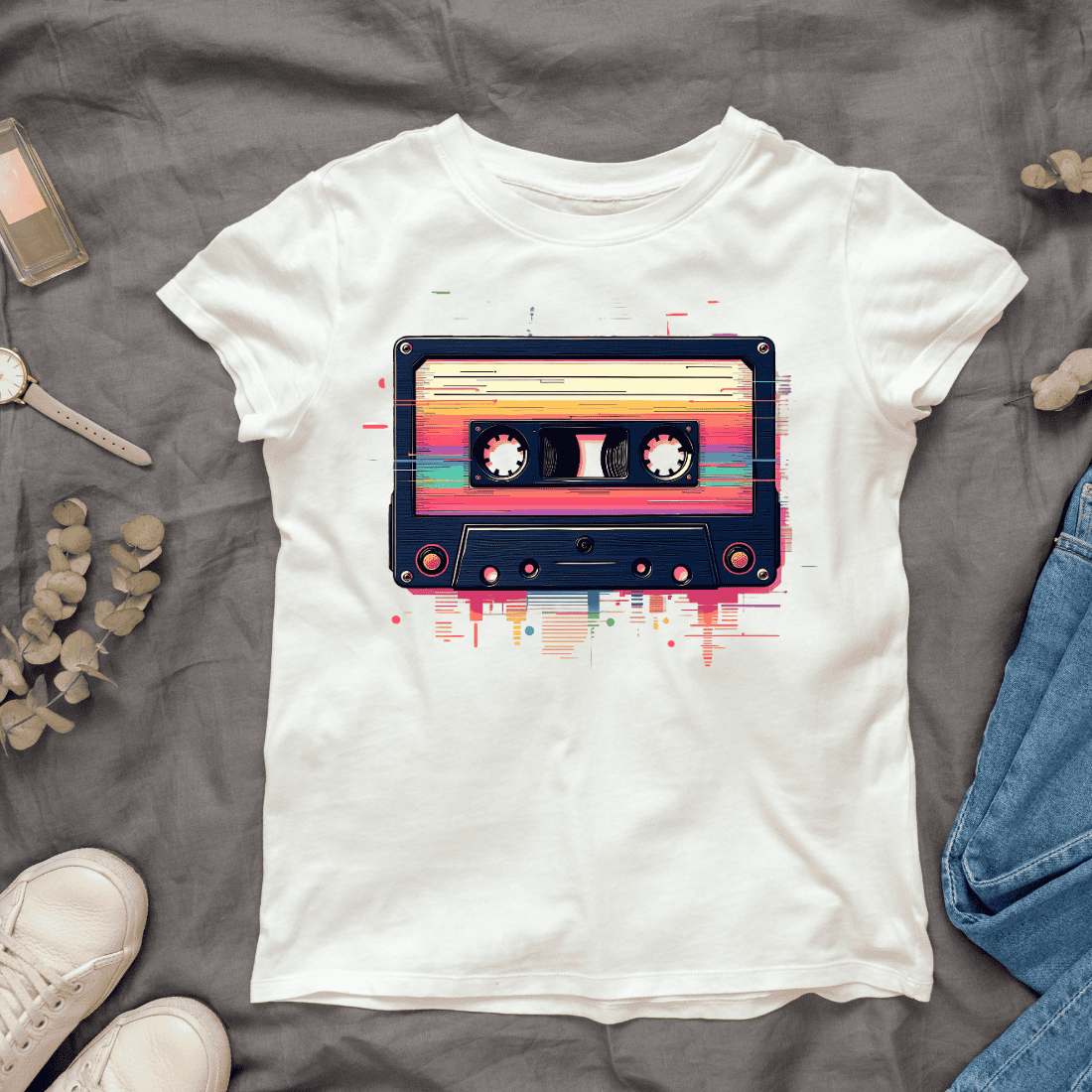 Retro Cassette Tape with Rainbow T-shirt Design cover image.