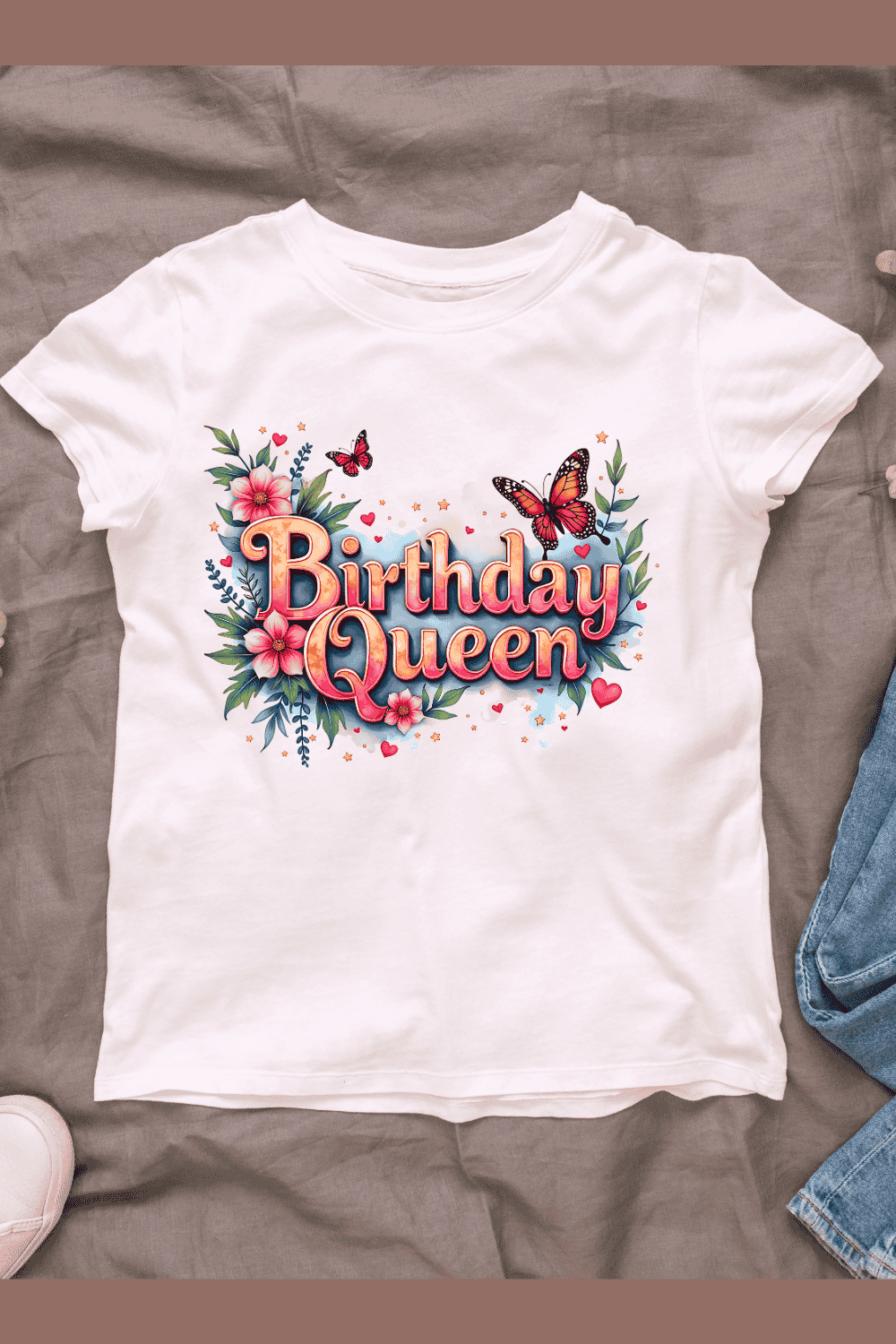 Happy Birthday Girl with Flower Blossoms T-shirt Design pinterest preview image.