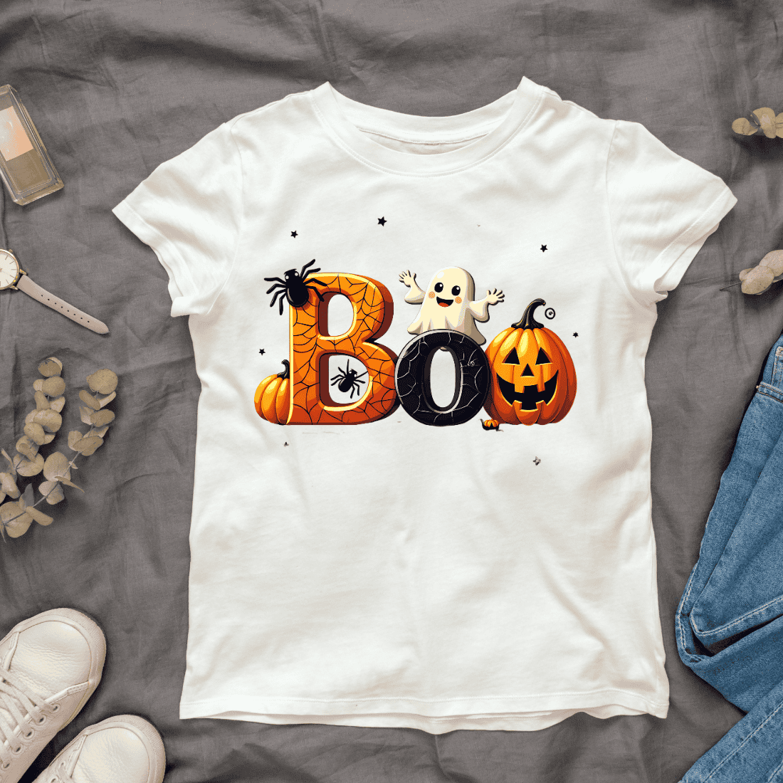 Cute Ghost with Pumpkins T-shirt Design cover image.