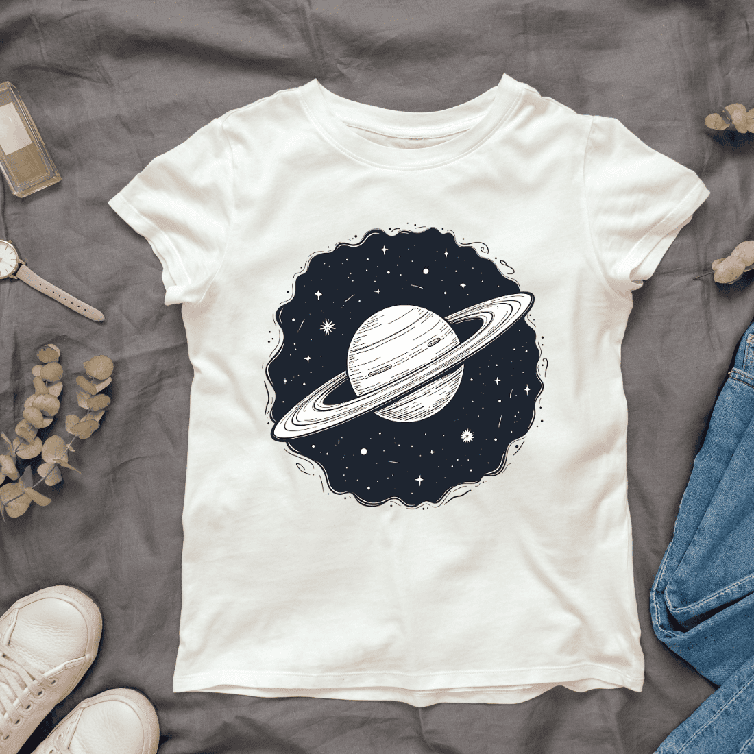 Saturn Planet Illustration T-shirt Design cover image.