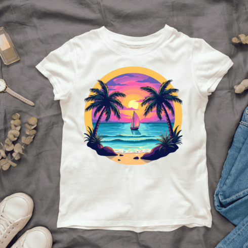 Tropical Sunset Beach T-shirt Design cover image.