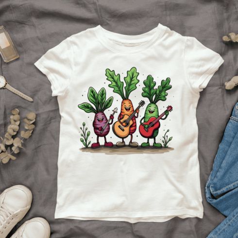 Happy Vegetable Musicians T-Shirt Design cover image.