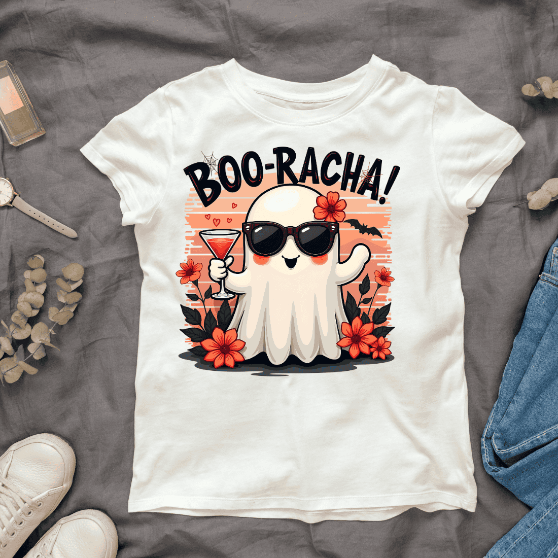 Boo-Racha! Ghost with Cocktail T-shirt Design cover image.