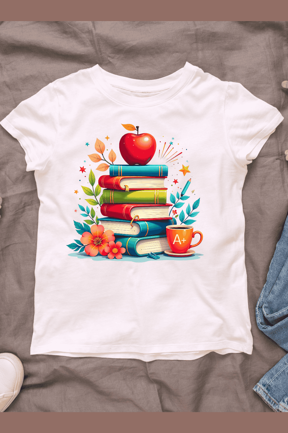 Educational with Books and Flowers T-shirt Design pinterest preview image.