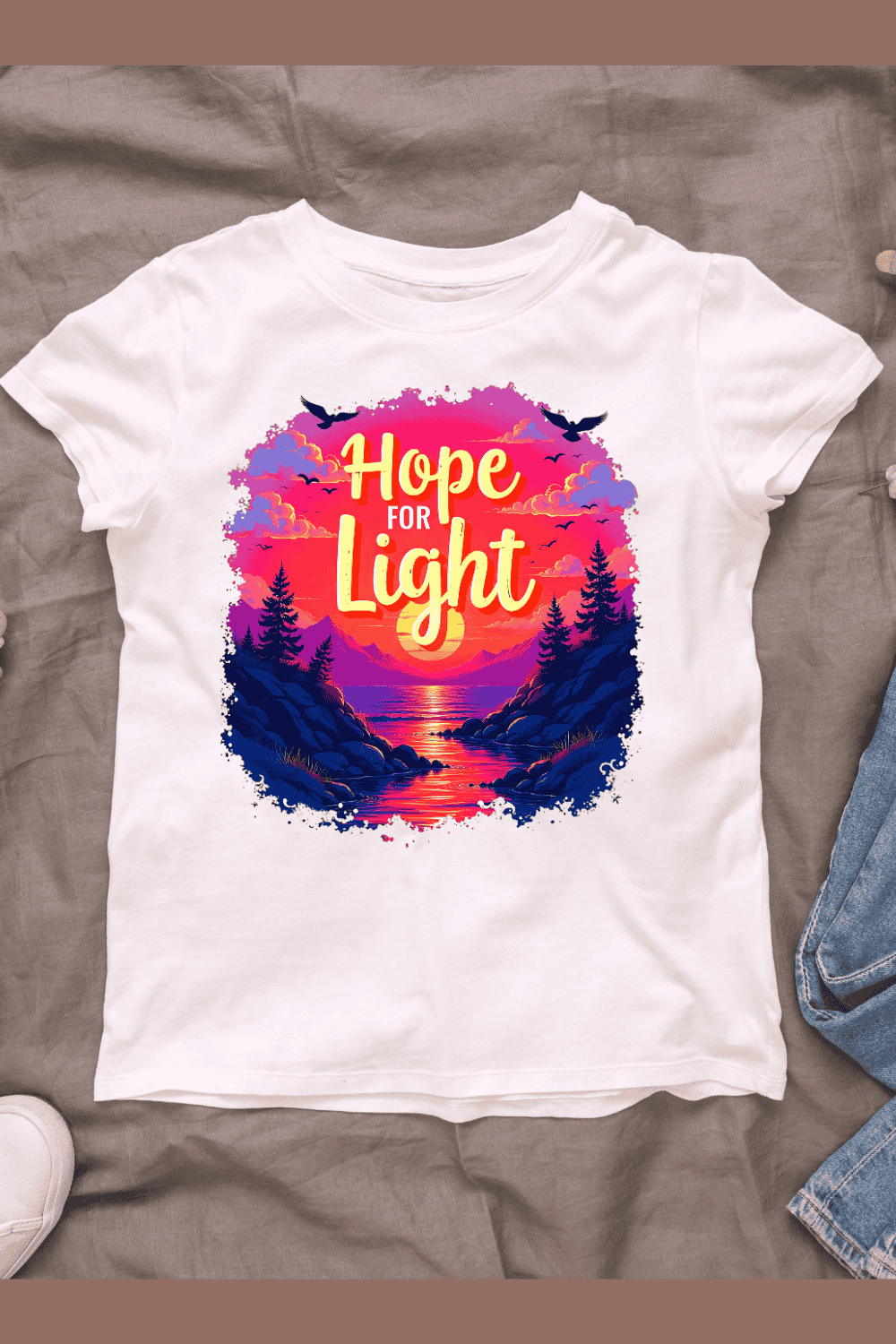 Hope for Light Sunset T-shirt Design pinterest preview image.