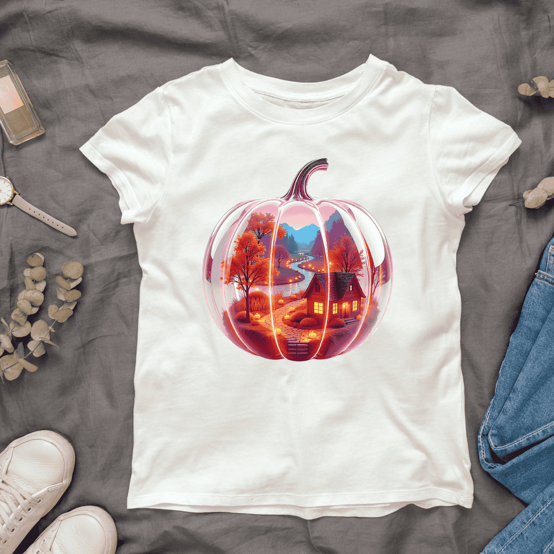 Transparent Pumpkin with Landscape T-shirt Design preview image.