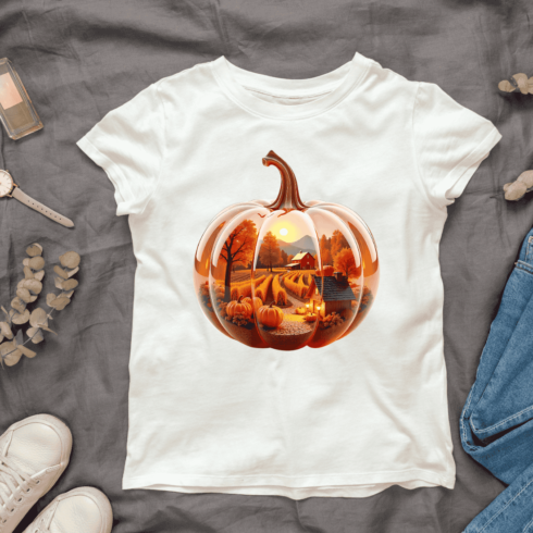 Pumpkin with Fall Scene Inside T-shirt Design cover image.