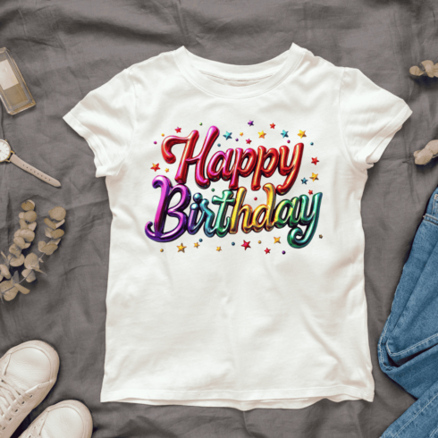 Festive Happy Birthday T-shirt Design cover image.