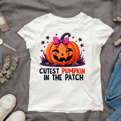 Cute Pumpkin with Pink Bow T-shirt Design cover image.