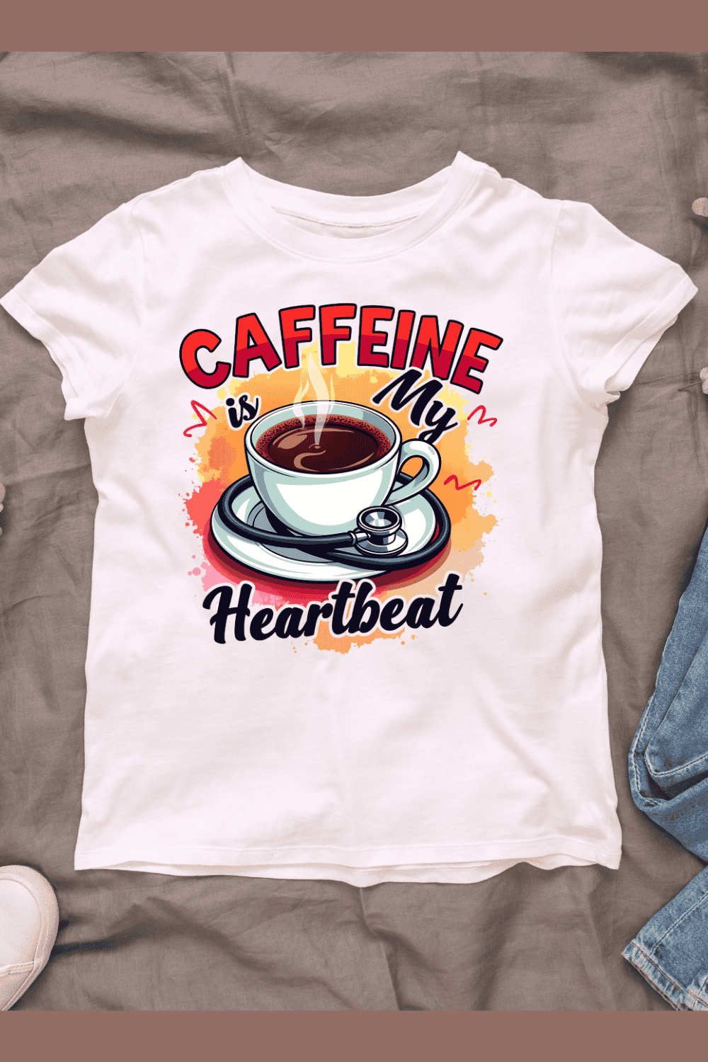 Caffeine is My Heartbeat T-shirt Design pinterest preview image.