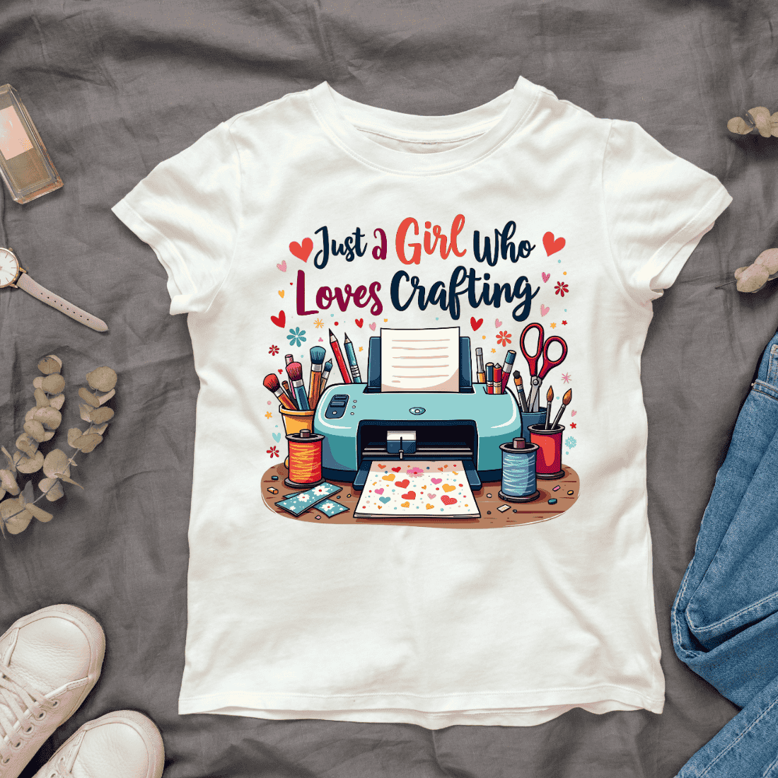 Just a Girl Who Loves Crafting T-shirt Design cover image.