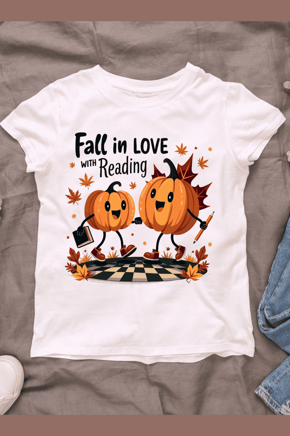 Fall in Love with Reading T-shirt Design pinterest preview image.