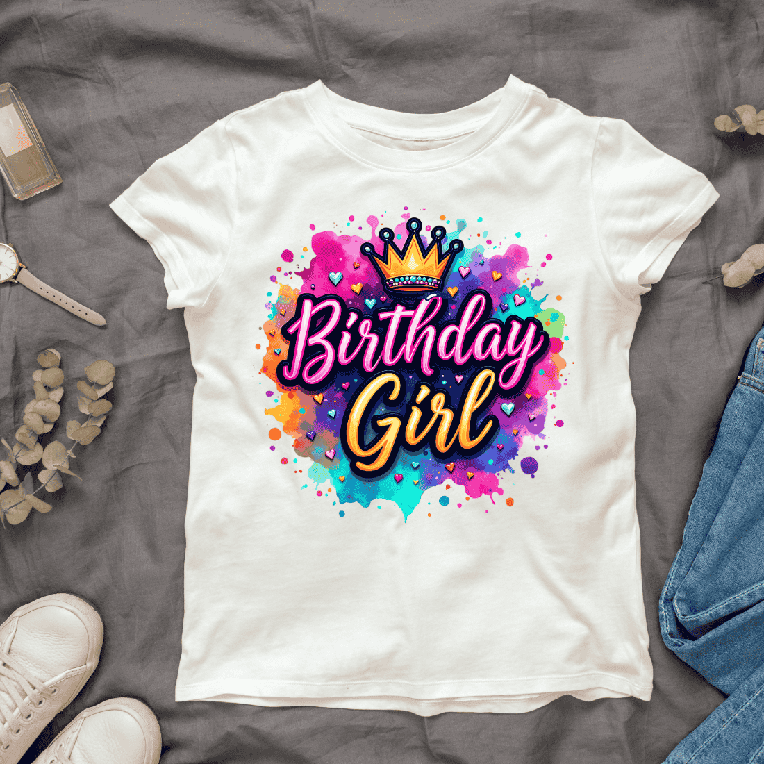 Colorful Happy Birthday Girl T-shirt Design cover image.