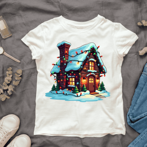 Snowy Winter Cottage T-shirt Design cover image.