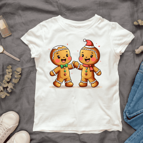 Cute Gingerbread Characters Holding Hands T-shirt Design cover image.