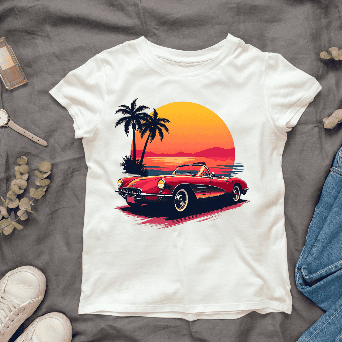 Vintage Car Sunset T-shirt Design cover image.