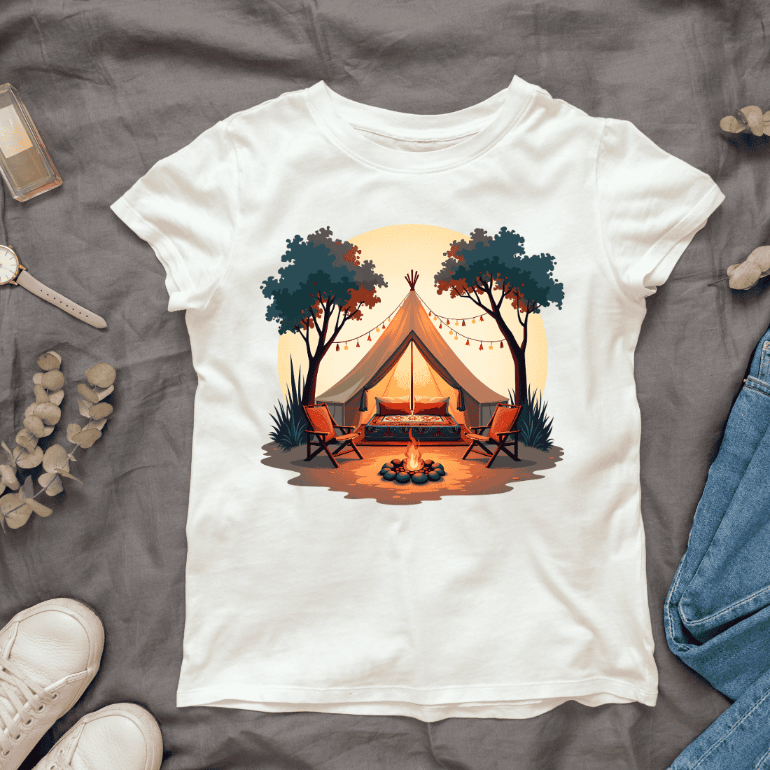 Camping Tent and Firepit T-shirt Design cover image.