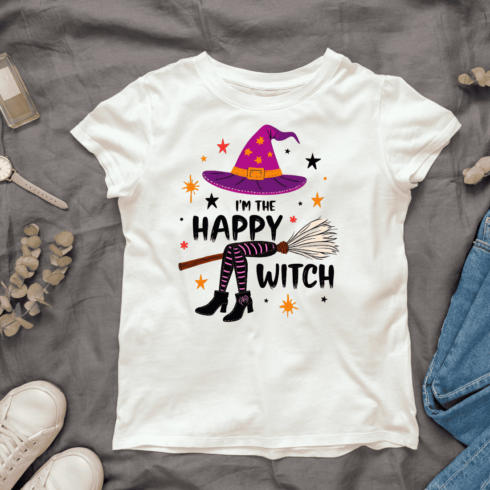 Witch with Broom and Hat T-shirt Design cover image.