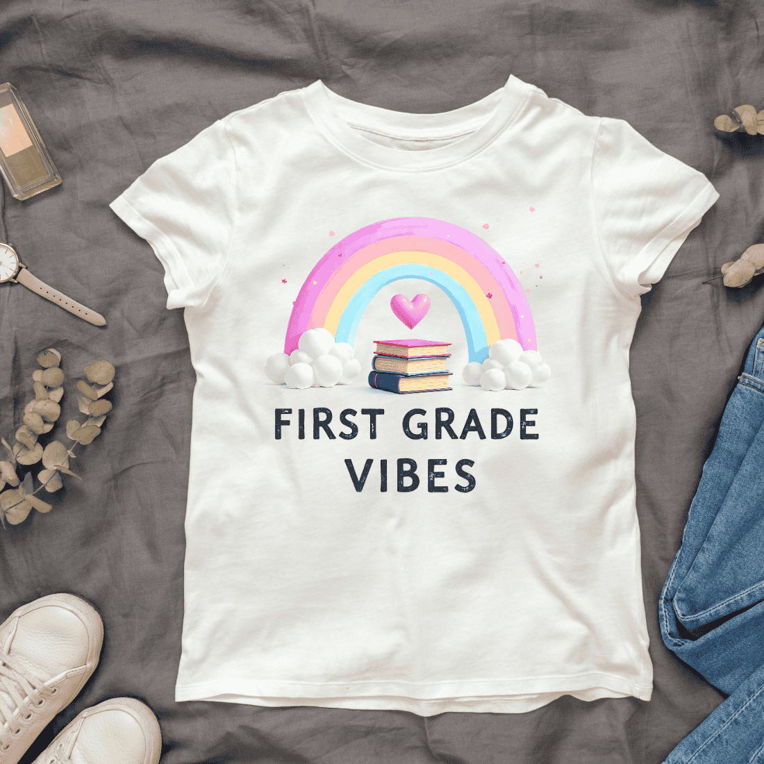 First Grade Vibes Rainbow and Books T-shirt Design cover image.