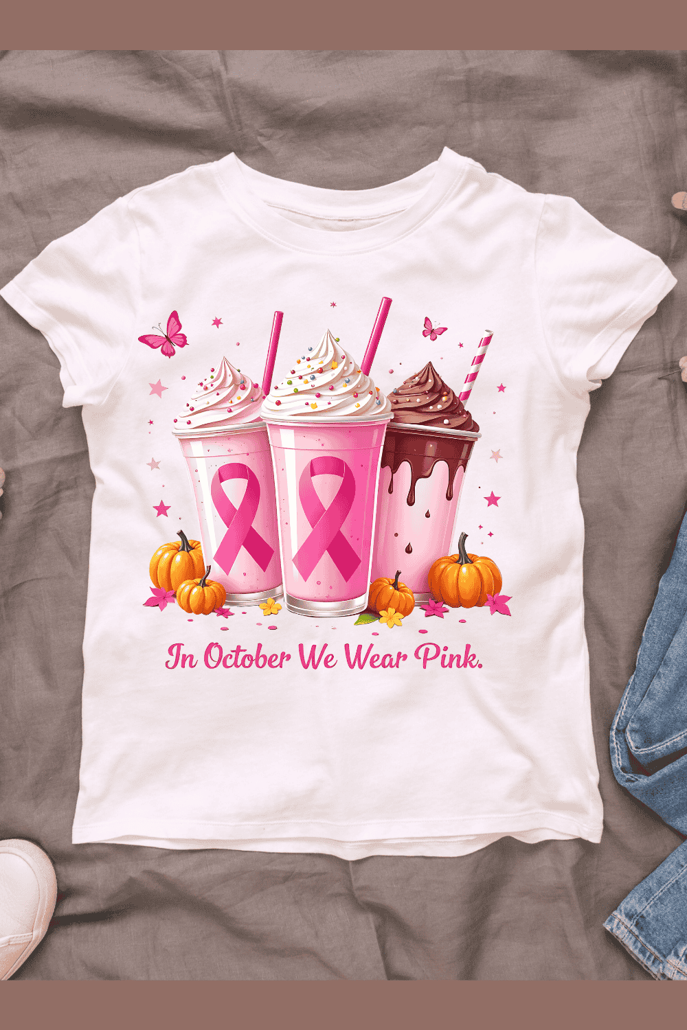 Pink Milkshake with Pink Ribbon T-shirt Design pinterest preview image.