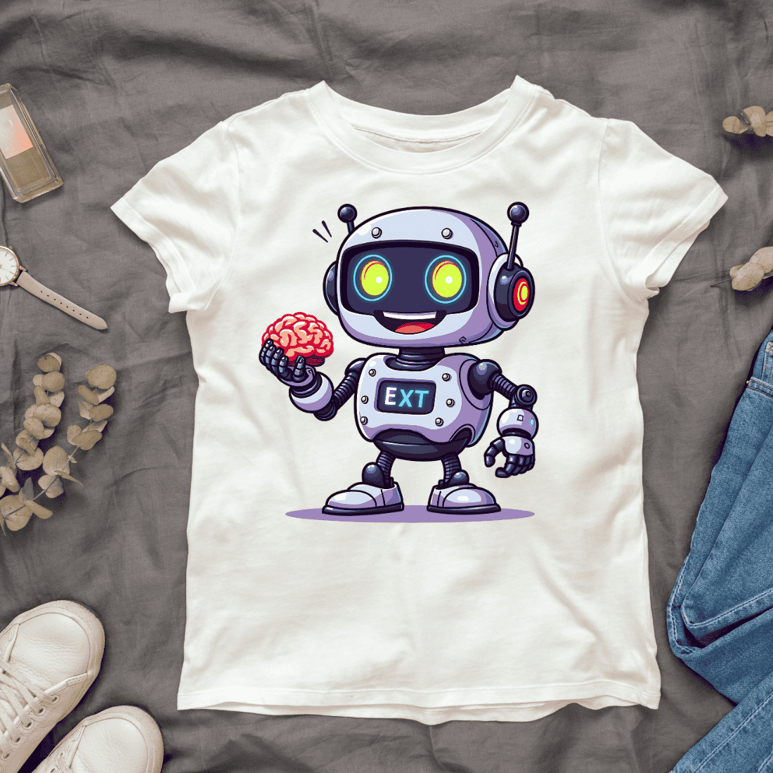 Cute Robot Holding a Brain T-shirt Design cover image.