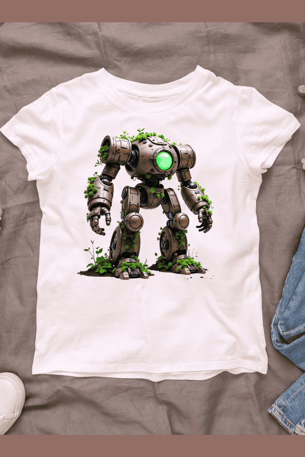 Rusty Robot with Plants T-shirt Design pinterest preview image.