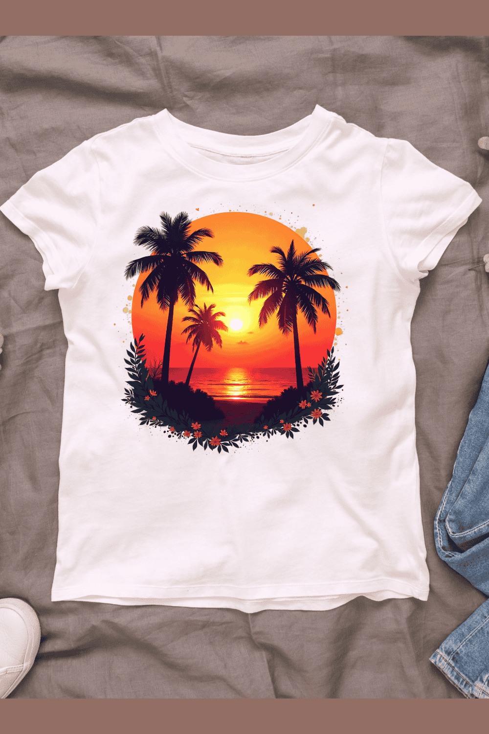 Sunset Beach with Palm Trees T-shirt Design pinterest preview image.