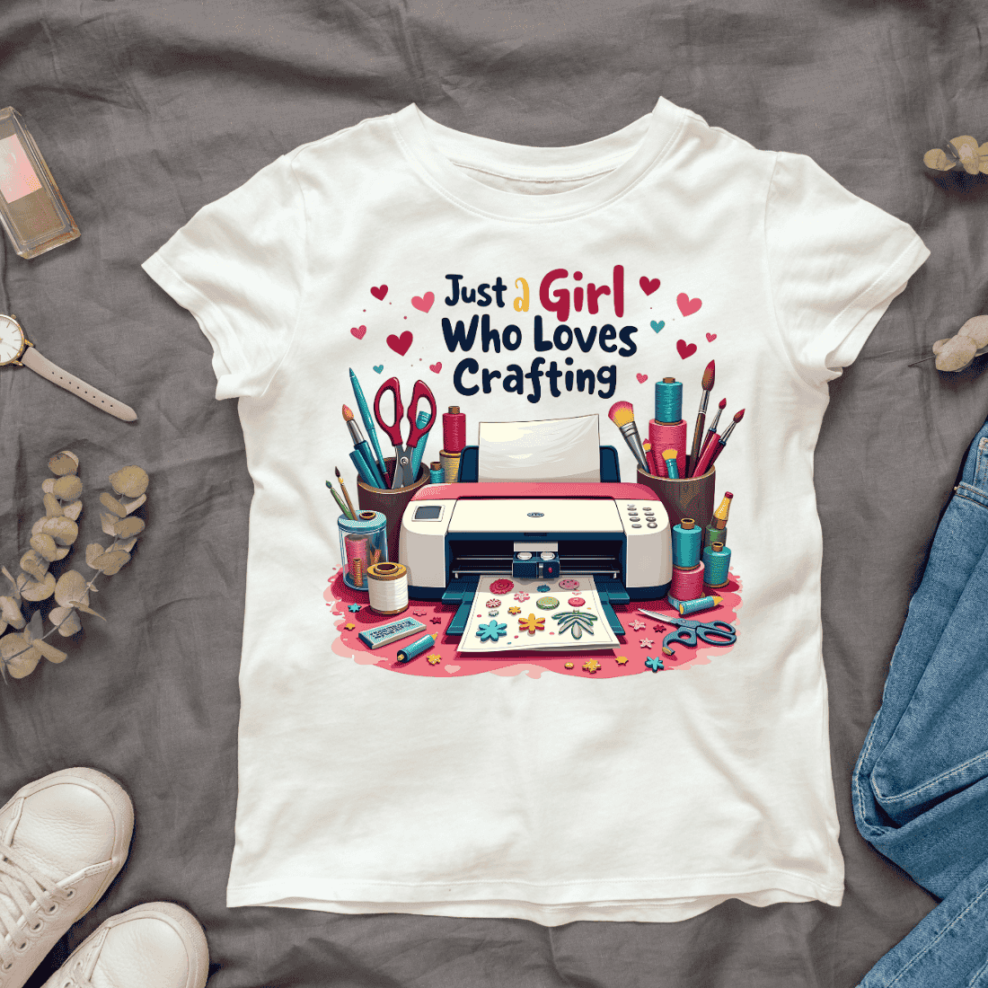 Cute Crafting Scene T-shirt Design cover image.