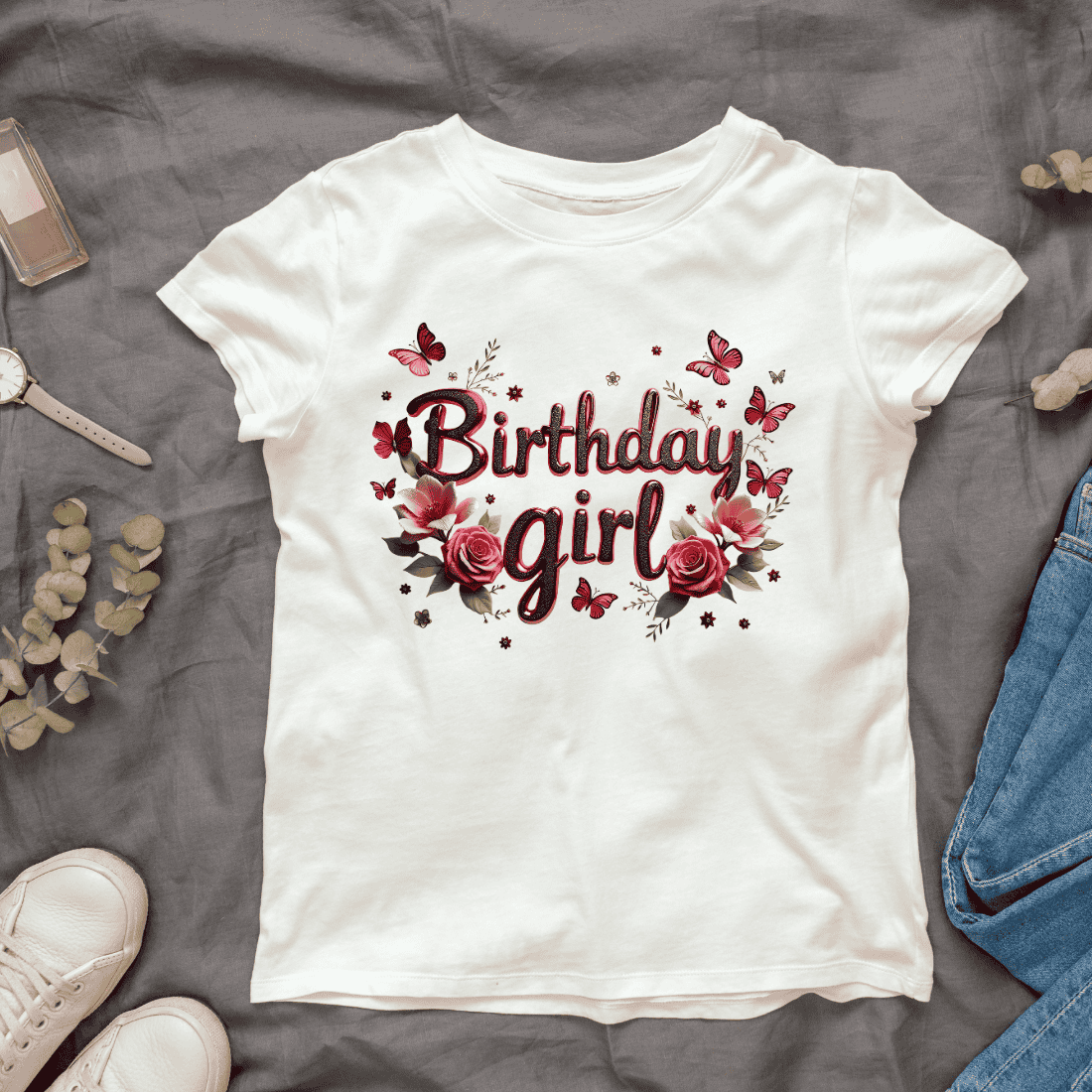 Metallic Flower Happy Birthday T-shirt Design cover image.