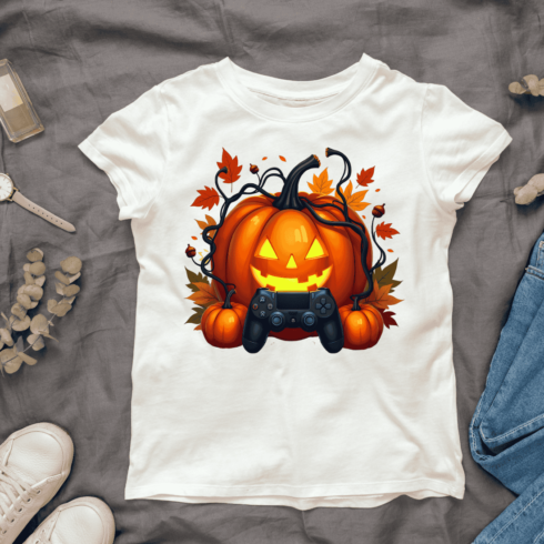 Cute Pumpkin and Controller T-shirt Design cover image.