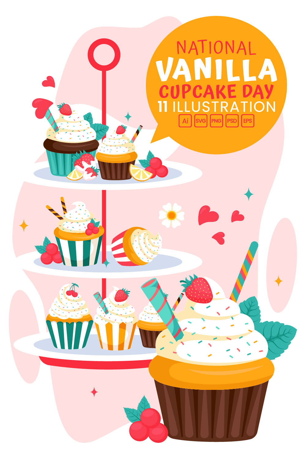 11 National Vanilla Cupcake Day Illustration pinterest preview image.