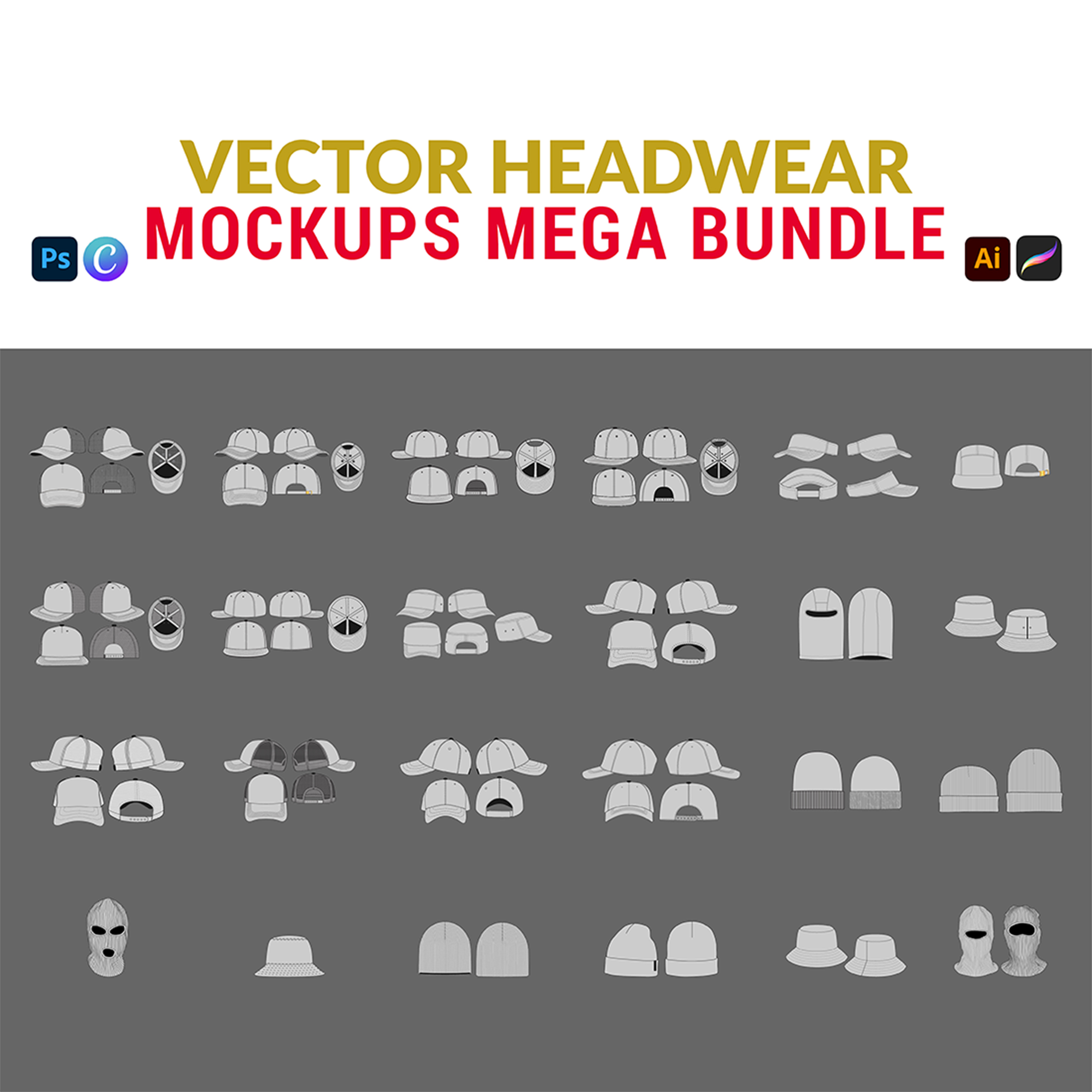 Vector Headwear Mockups MEGA BUNDLE | Hat Design Template cover image.