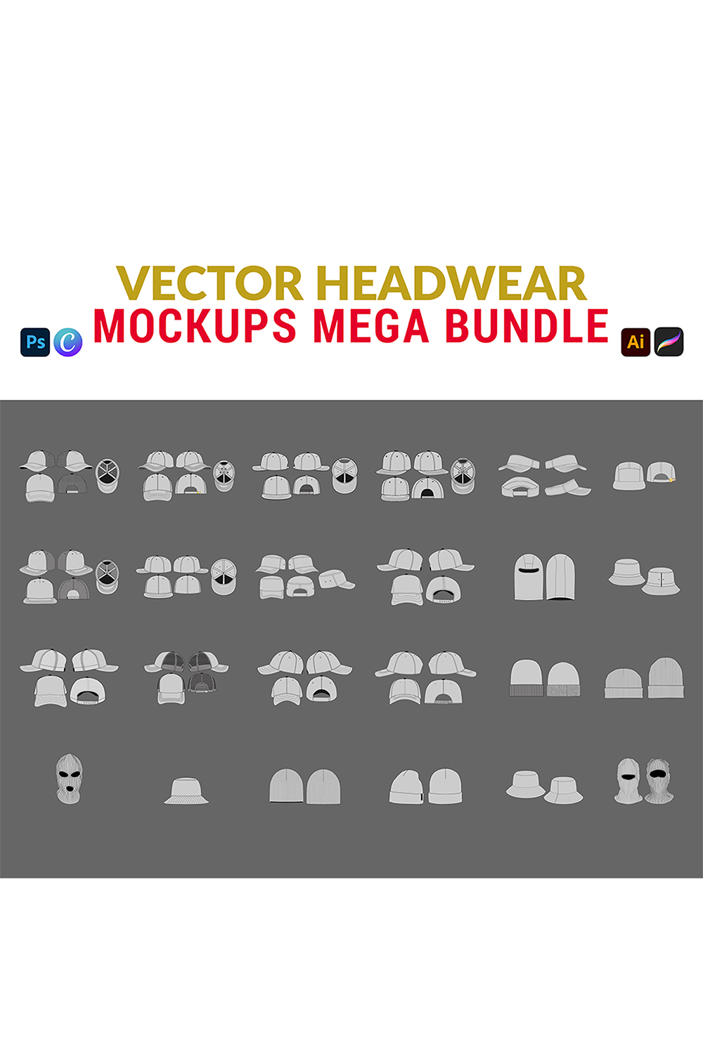 Vector Headwear Mockups MEGA BUNDLE | Hat Design Template pinterest preview image.