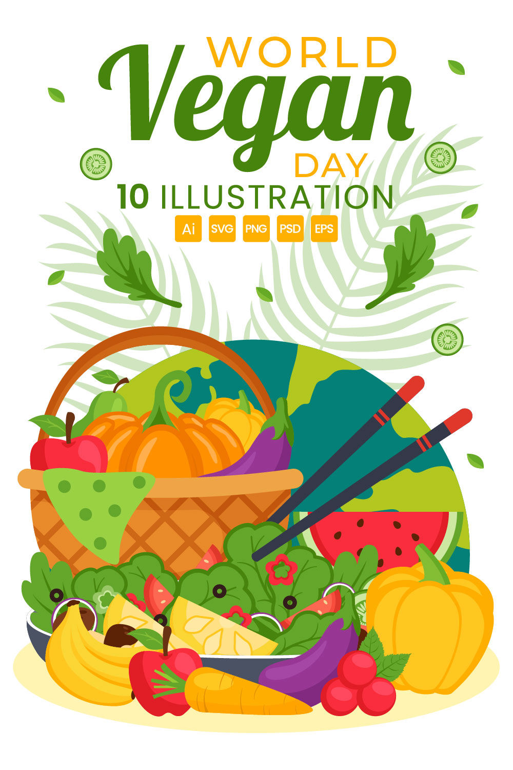 10 World Vegan Day Illustration pinterest preview image.