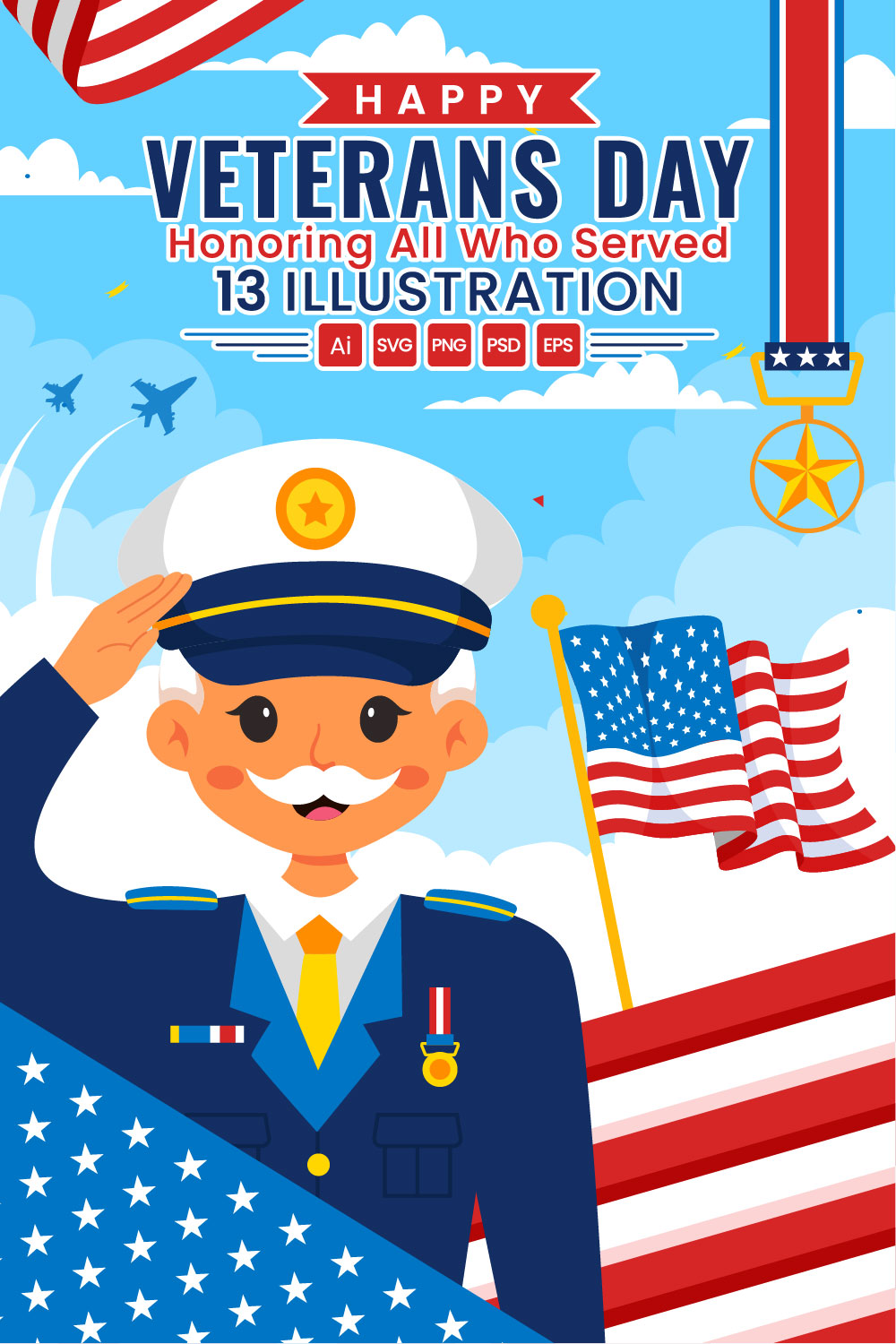 13 Happy Veterans Day Illustration pinterest preview image.