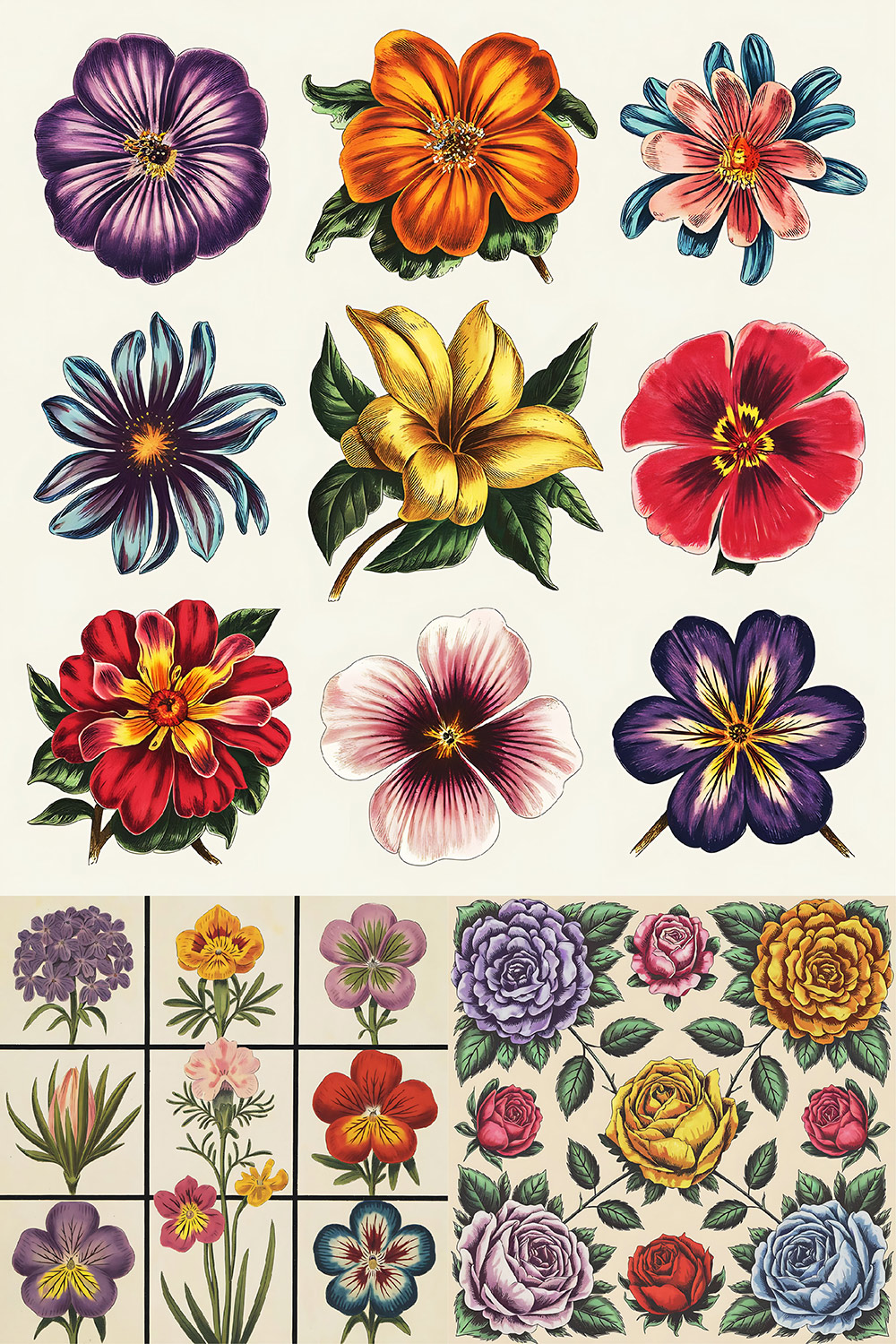 50 Vintage hand-drawn florals botanicals grid pinterest preview image.